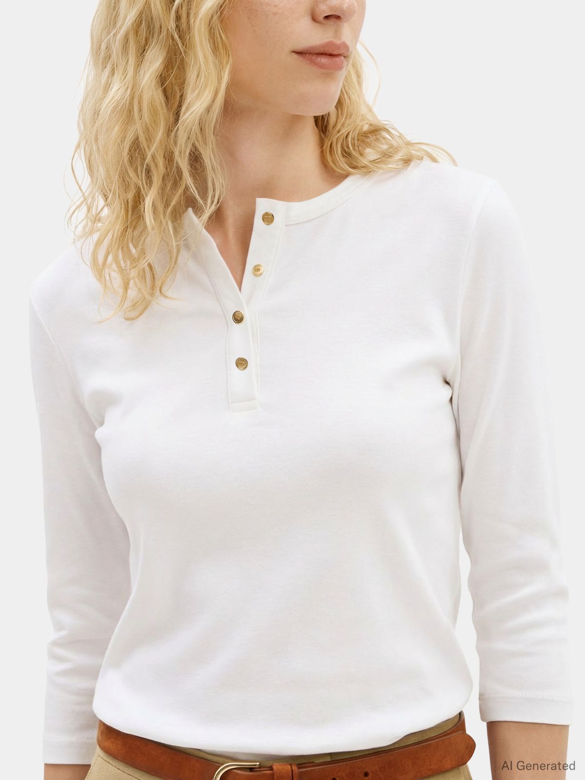 Gold-Tone Button Slim Henley T-Shirt — White