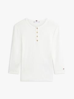 Gold-Tone Button Slim Henley T-Shirt — White 5