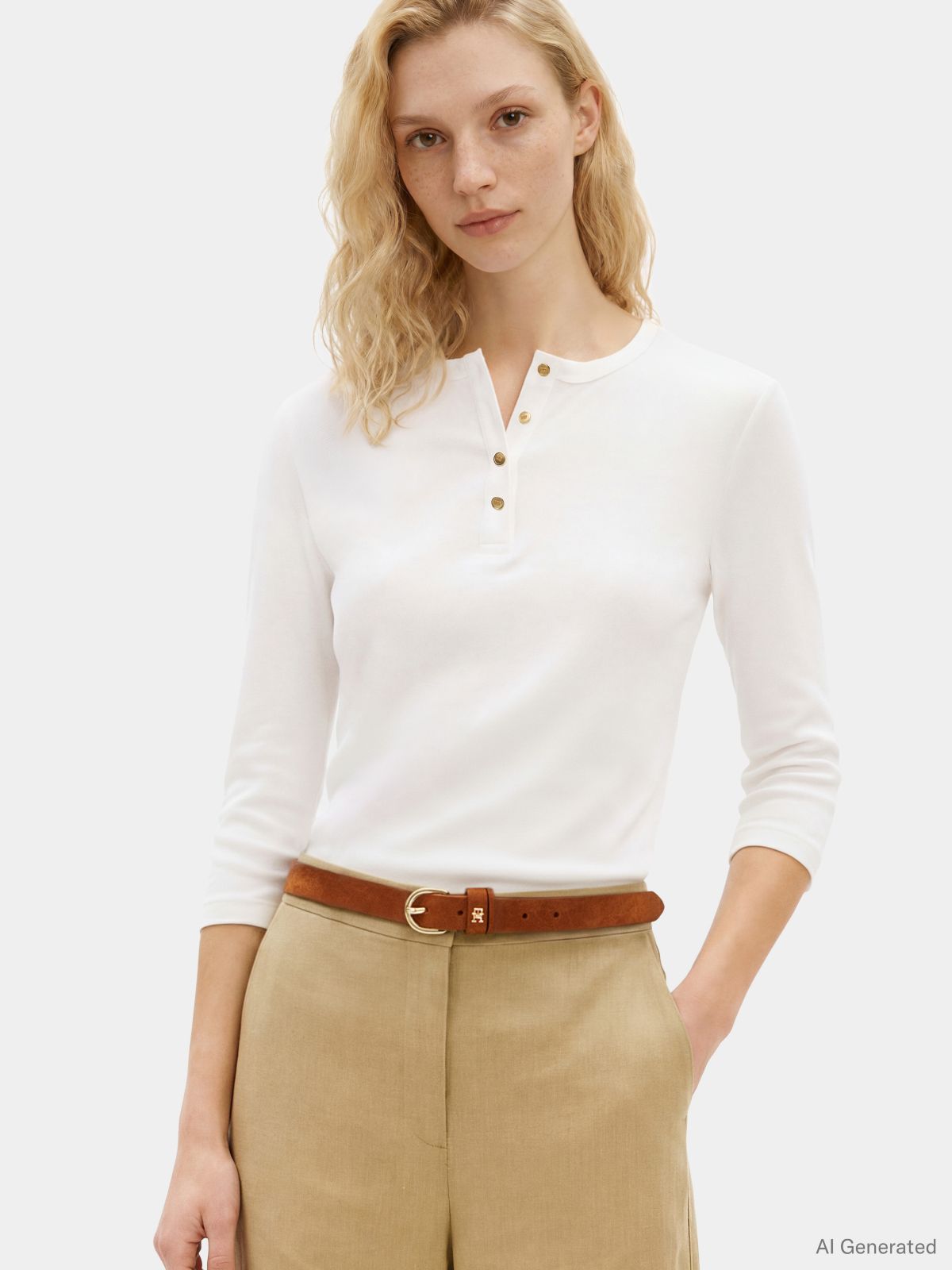 Gold-Tone Button Slim Henley T-Shirt — White