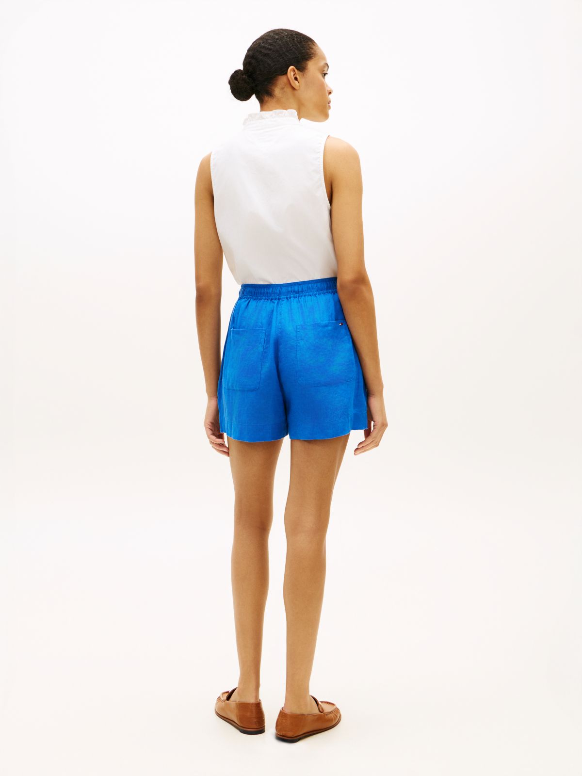 Flag Embroidery Pure Linen Shorts — Blue