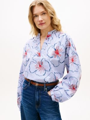 blue relaxed fit poplin v-neck blouse for women tommy hilfiger