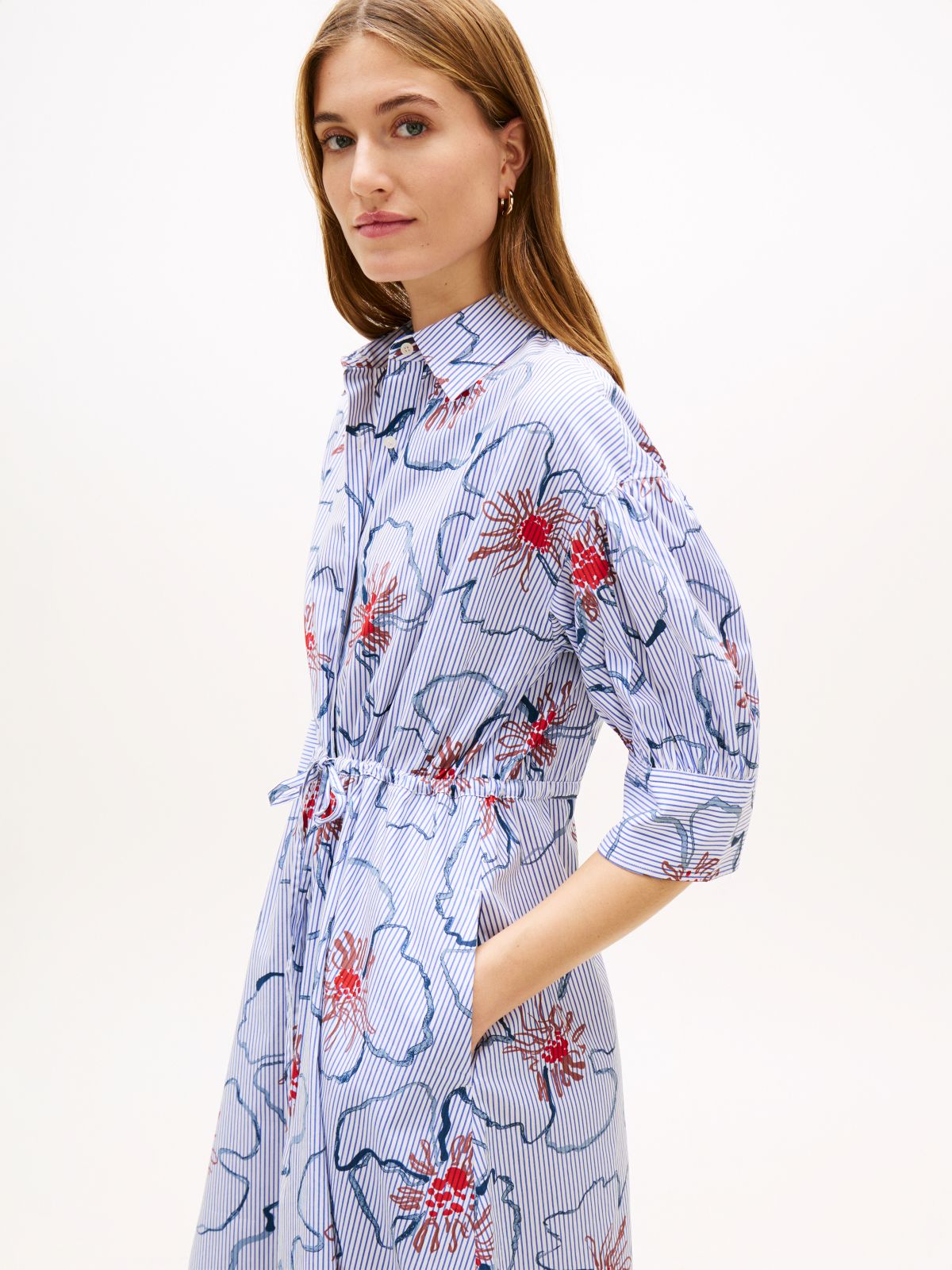 Half Sleeve Midi Shirt Dress — Blue
