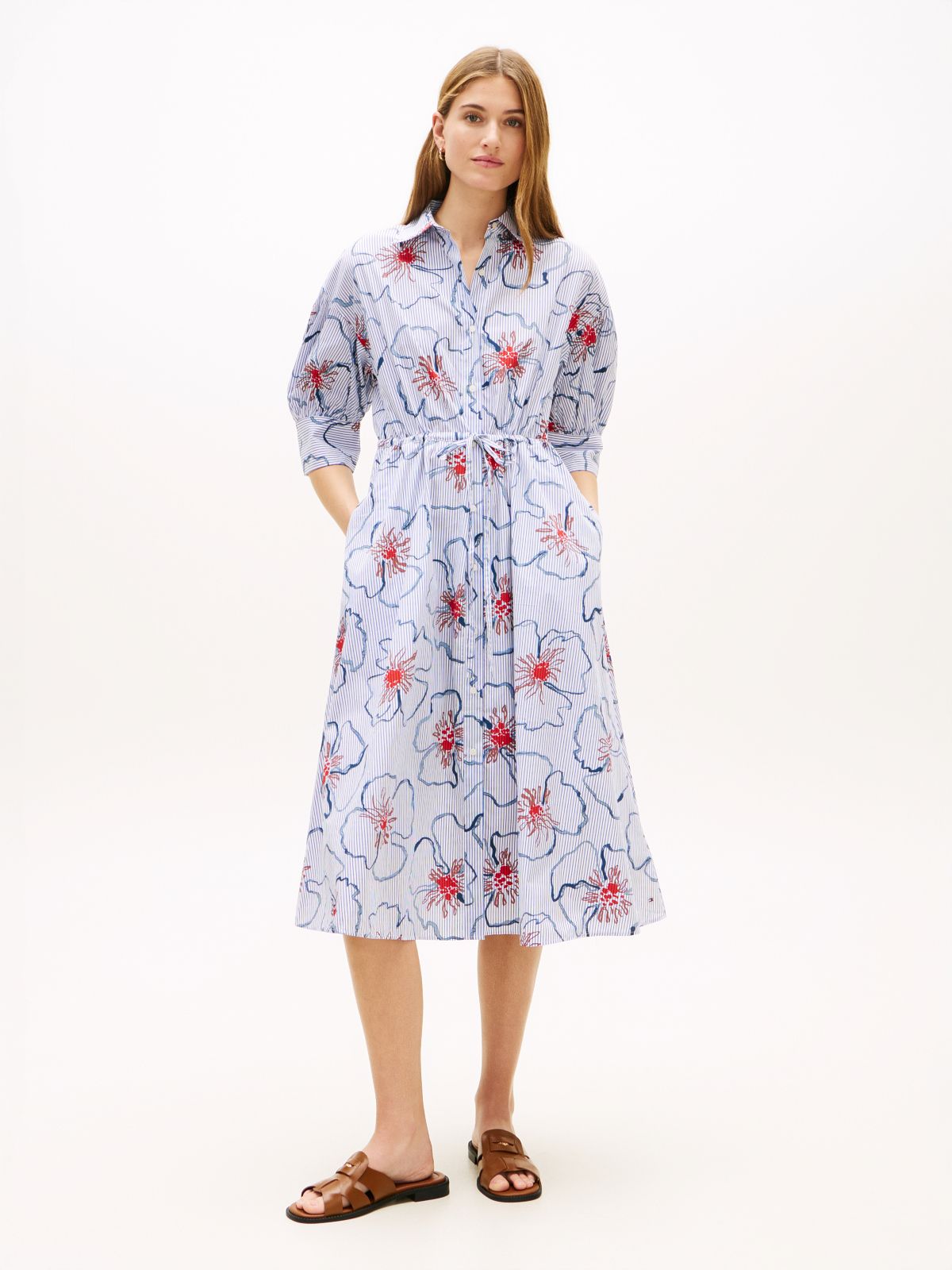 Half Sleeve Midi Shirt Dress — Blue