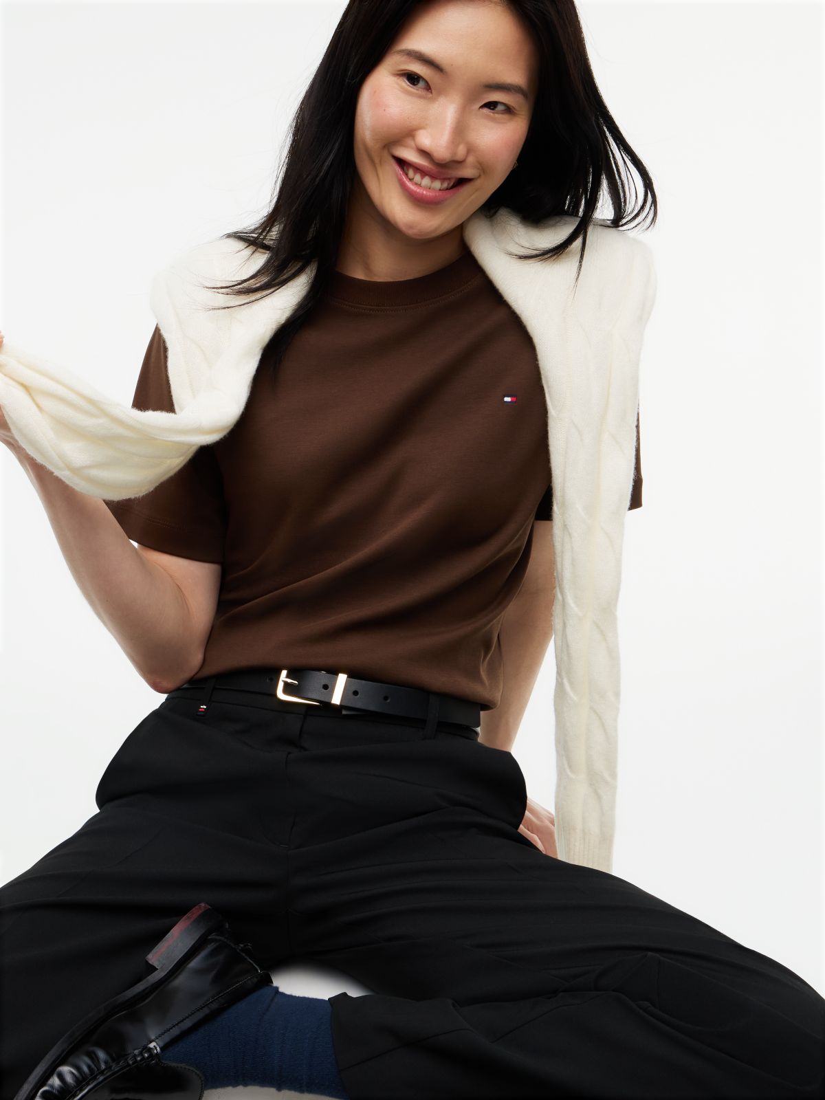 Interlock Knit Boxy Crew Neck T-Shirt — Brown