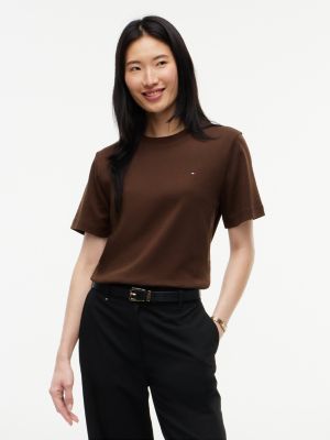 brown interlock knit boxy crew neck t-shirt for women tommy hilfiger