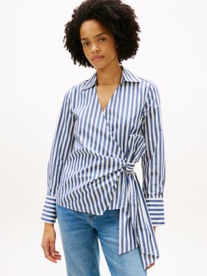 white slim fit wrap knot poplin shirt for women tommy hilfiger