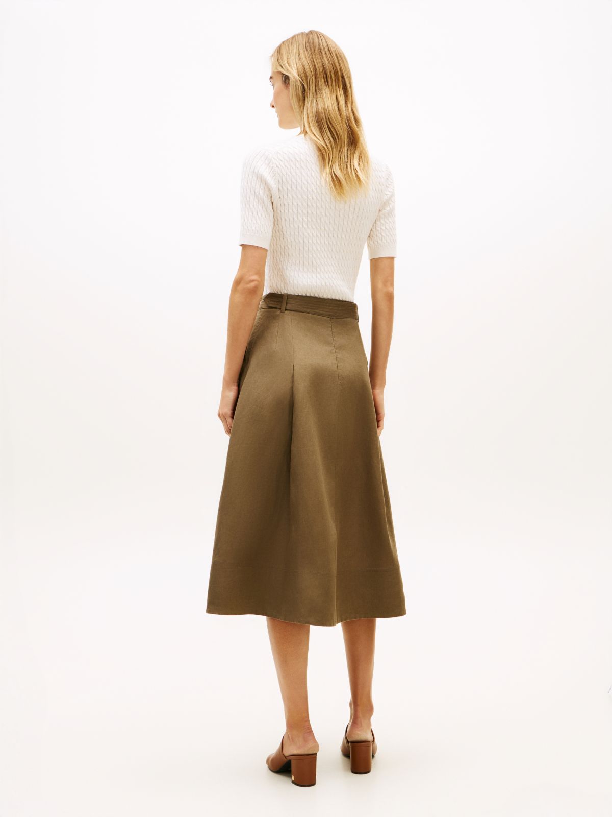 Pure Linen Midi Flared Utility Skirt — Green