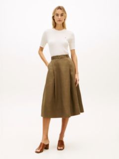 Pure Linen Midi Flared Utility Skirt — Green 1