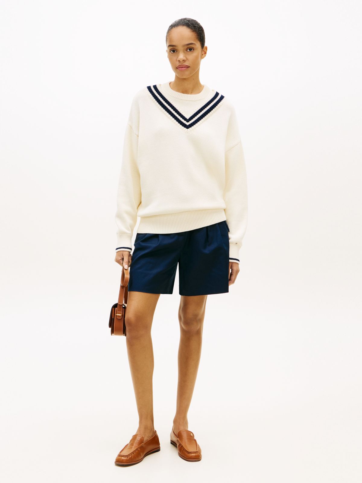 Double Layered Crew Neck Relaxed Cricket Jumper — Beige