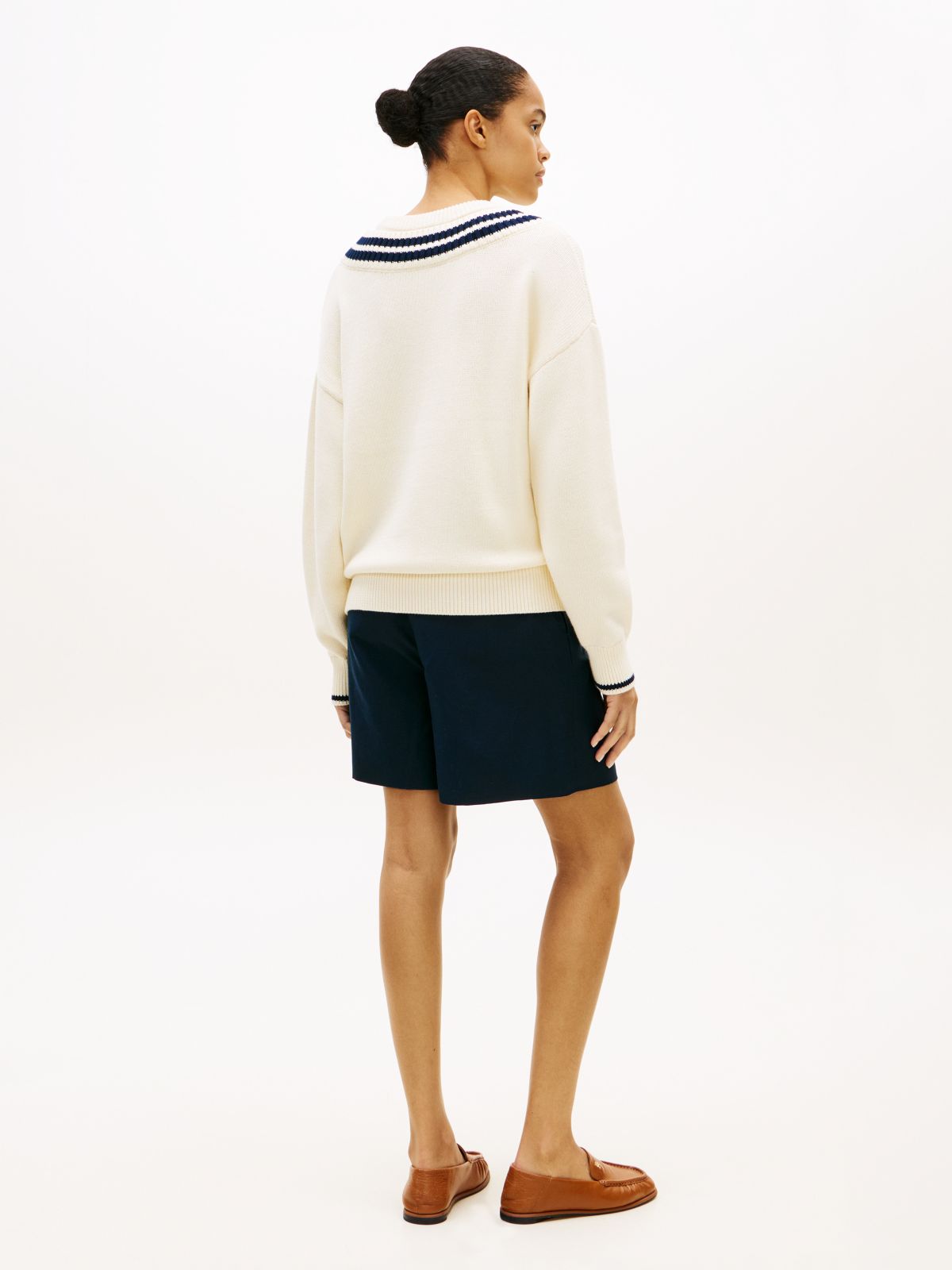 Double Layered Crew Neck Relaxed Cricket Jumper — Beige