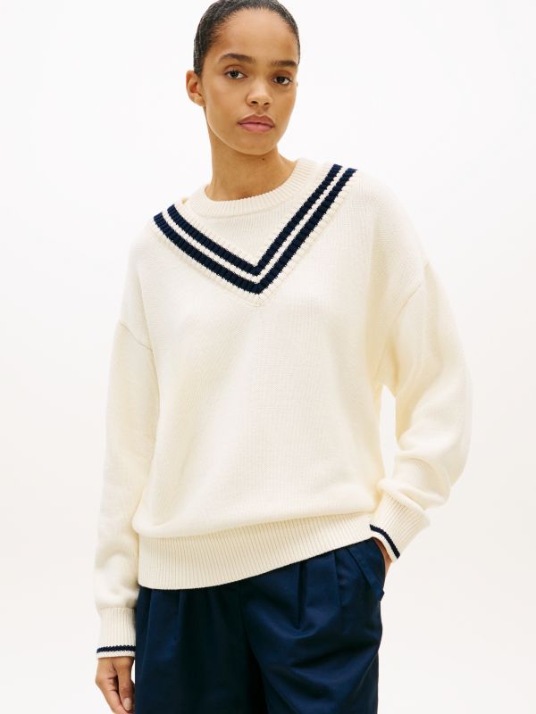 Double Layered Crew Neck Relaxed Cricket Jumper — Beige