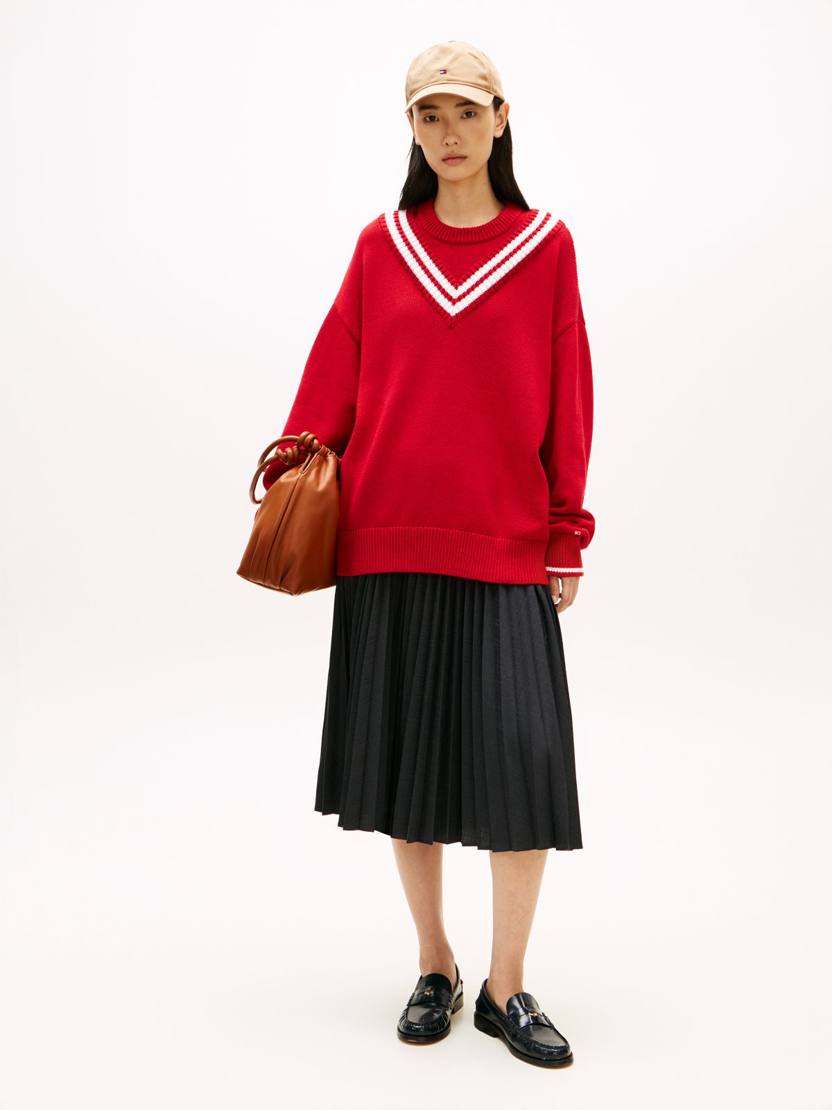 Double Layered Crew Neck Relaxed Cricket Jumper — Red