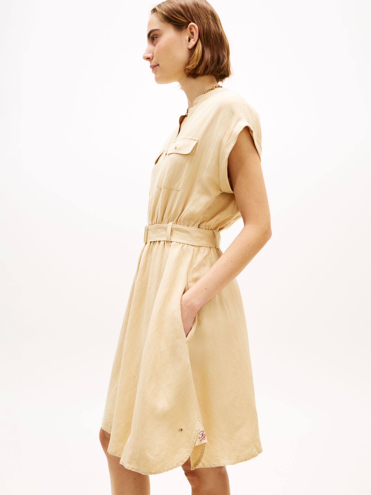 Belted Relaxed Mini Shirt Dress — Beige