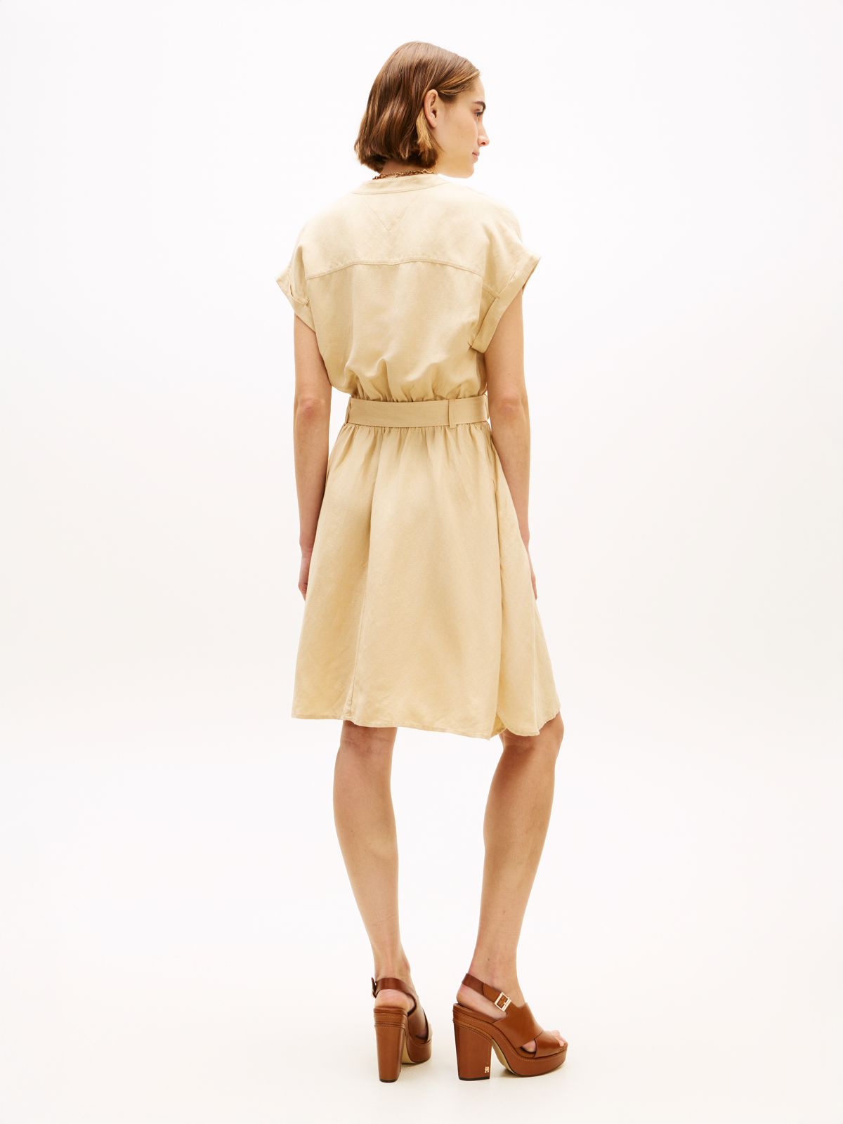 Belted Relaxed Mini Shirt Dress — Beige