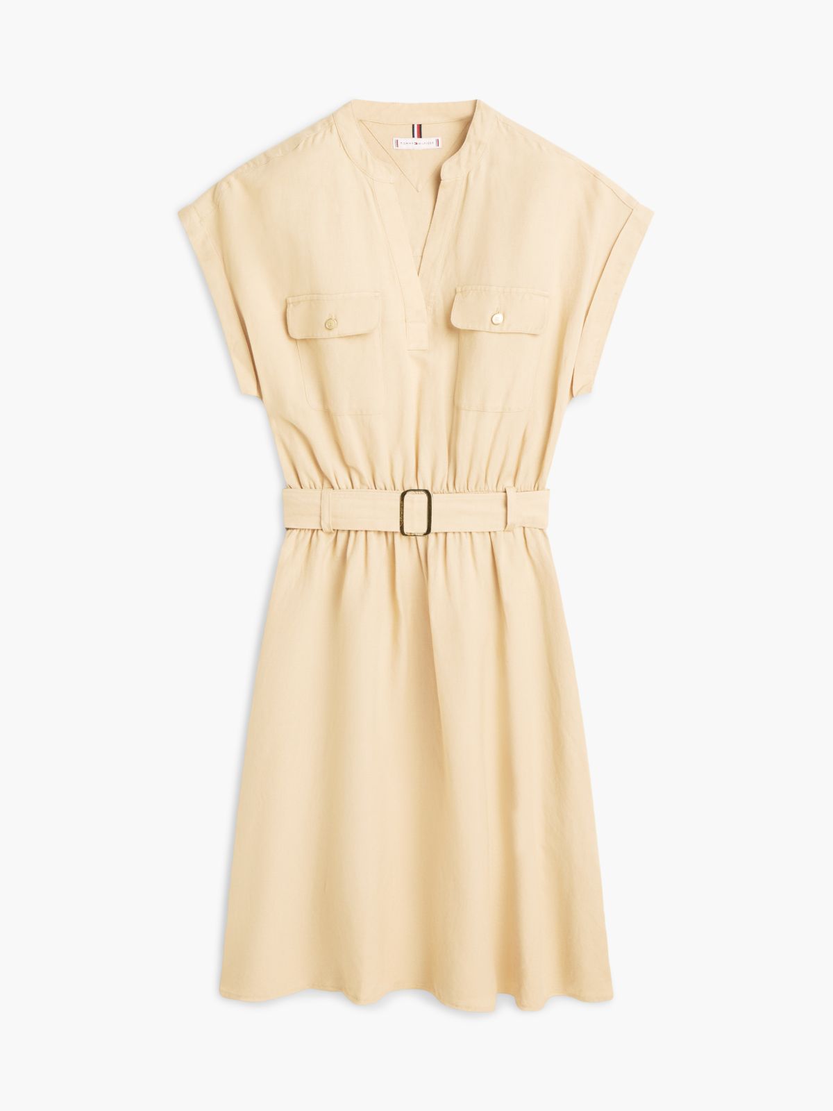 Belted Relaxed Mini Shirt Dress — Beige