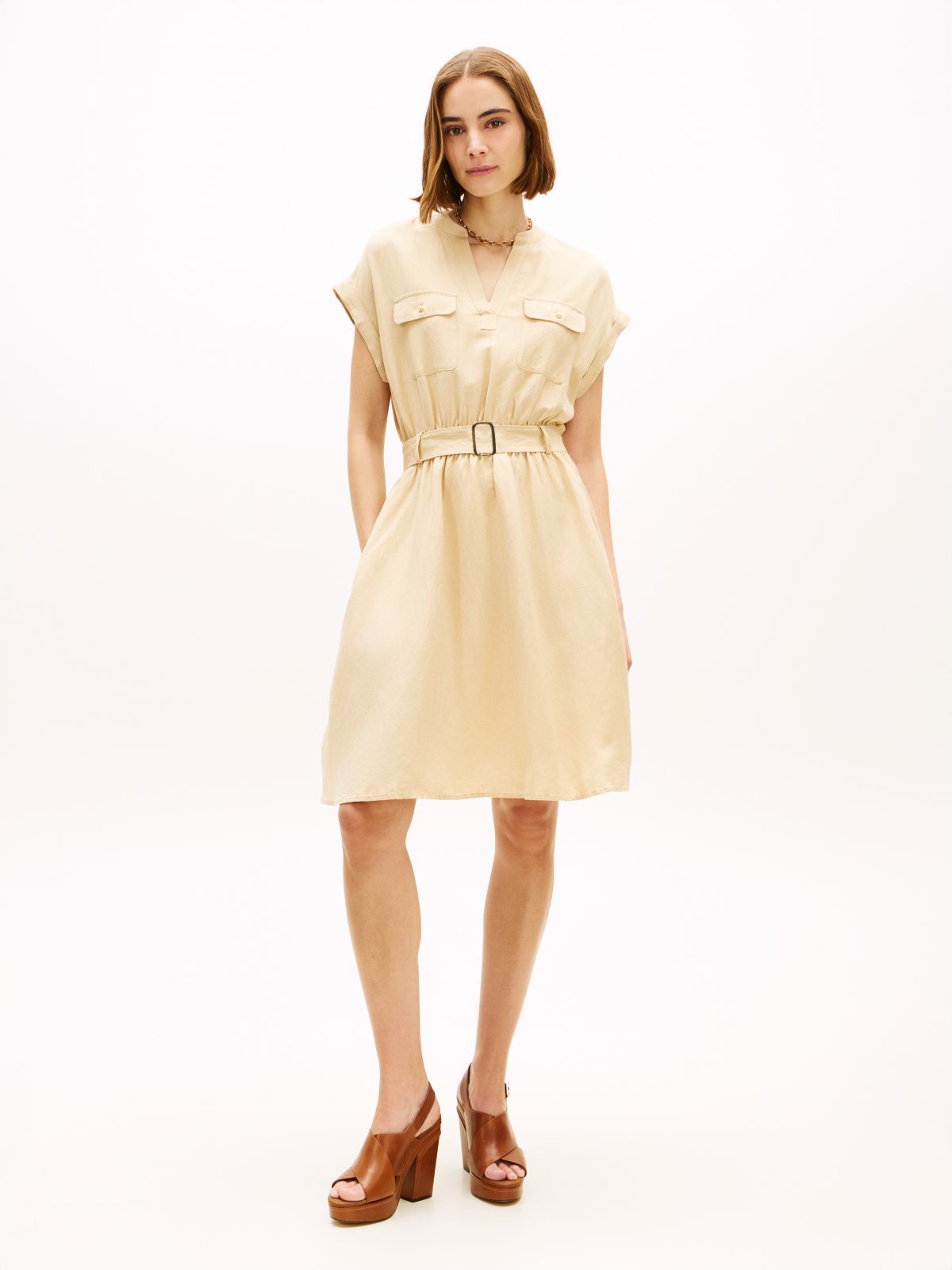 Belted Relaxed Mini Shirt Dress — Beige