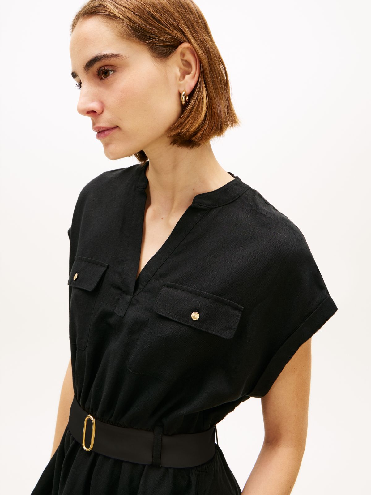Belted Relaxed Mini Shirt Dress — Black