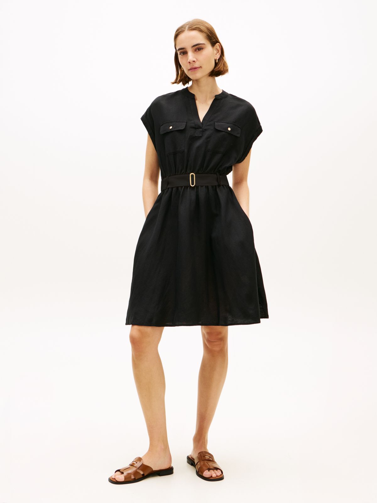 Belted Relaxed Mini Shirt Dress — Black