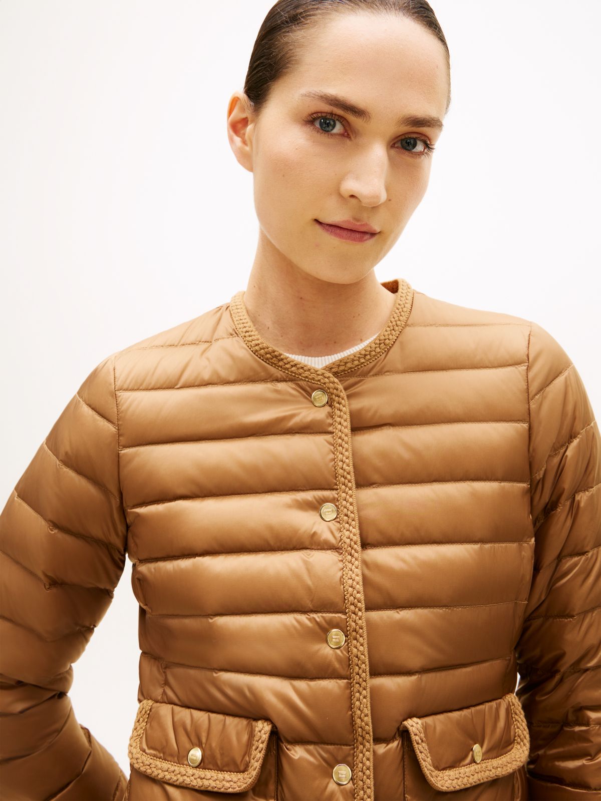Water Repellent Lightweight Down Slim Jacket — Brown