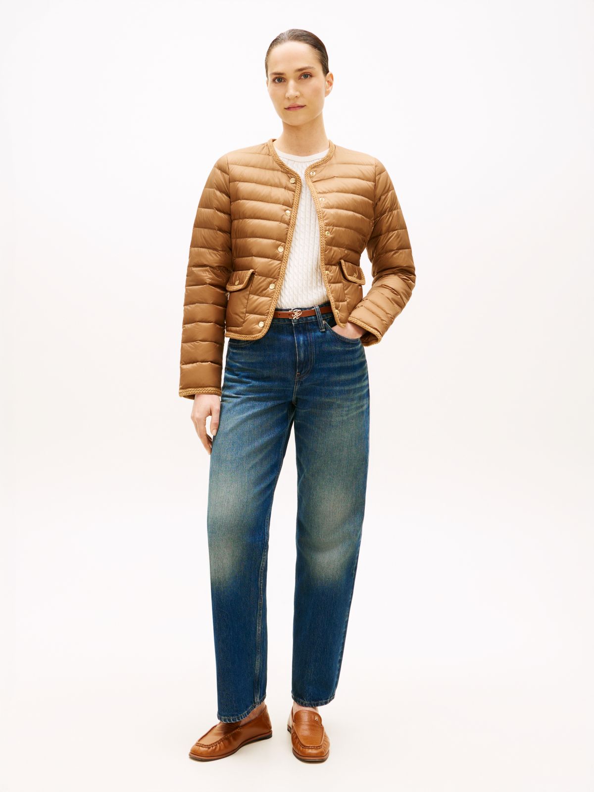 Water Repellent Lightweight Down Slim Jacket — Brown
