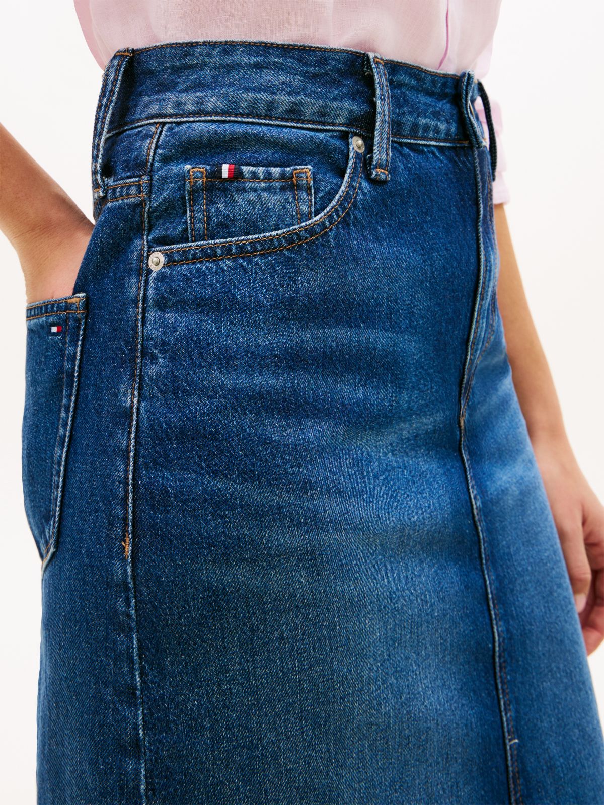 Mid Rise Straight Denim Pencil Skirt — Blue