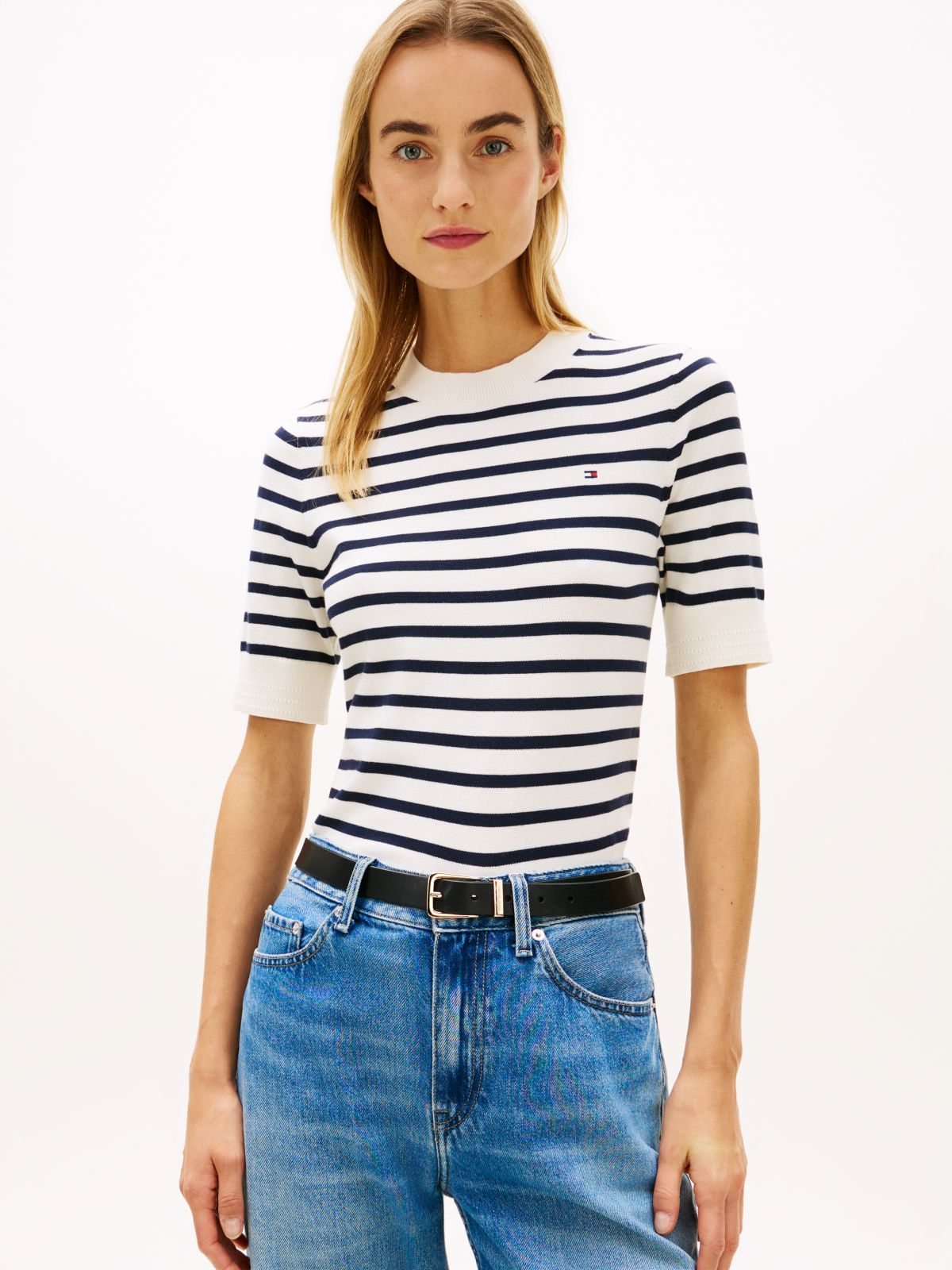 Fine Knit Jersey Short Sleeve Jumper — White