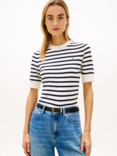 Fine Knit Jersey Short Sleeve Jumper — White 1