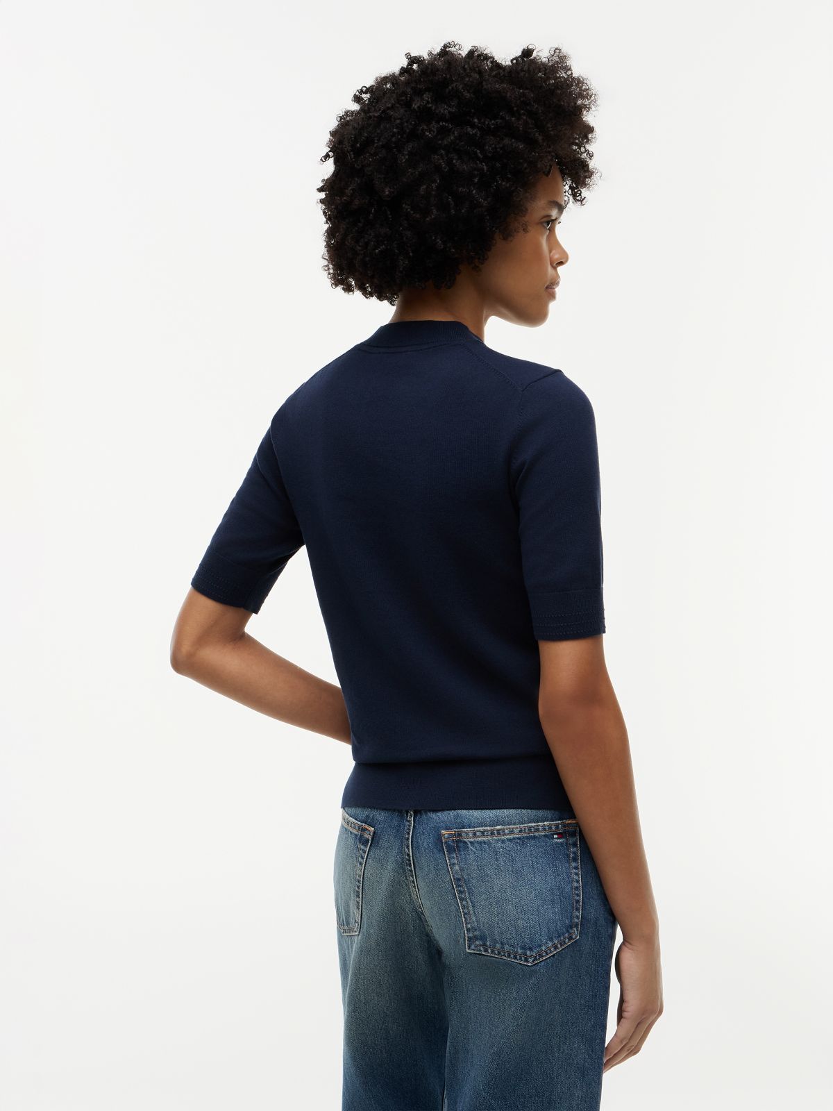 Fine Knit Jersey Short Sleeve Jumper — Blue