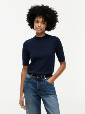 blue fine knit jersey short sleeve jumper for women tommy hilfiger