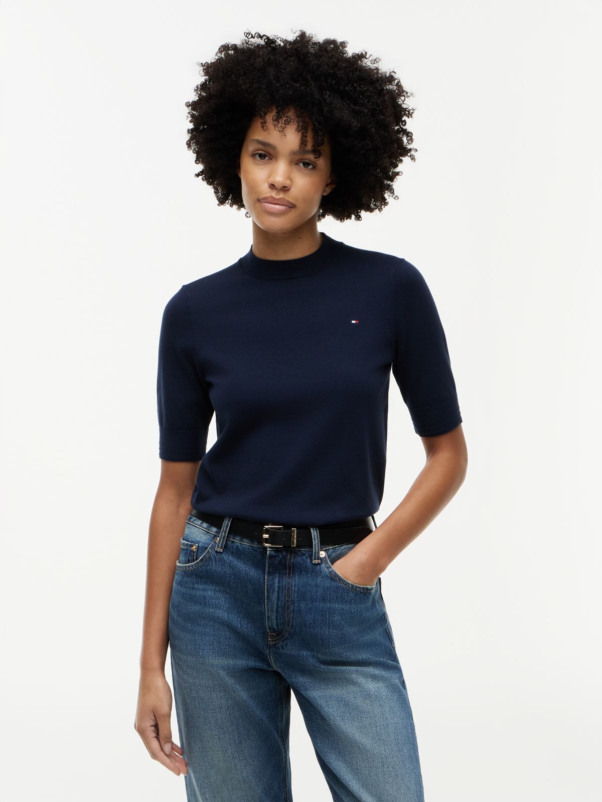 Fine Knit Jersey Short Sleeve Jumper — Blue