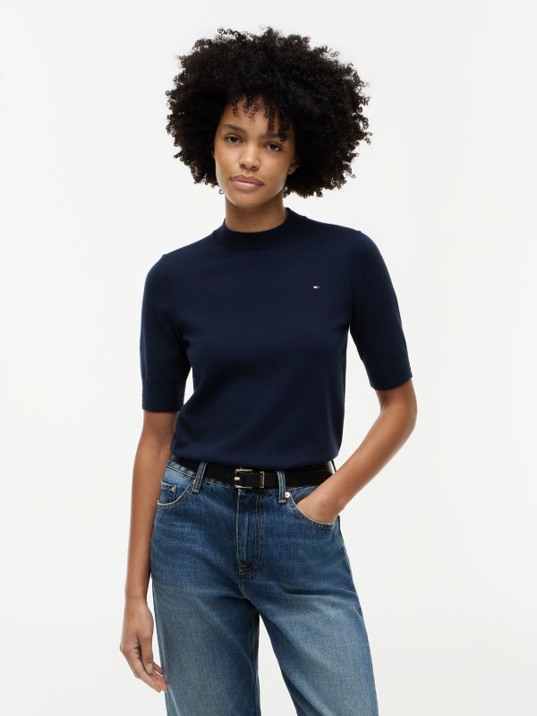 Fine Knit Jersey Short Sleeve Jumper — Blue