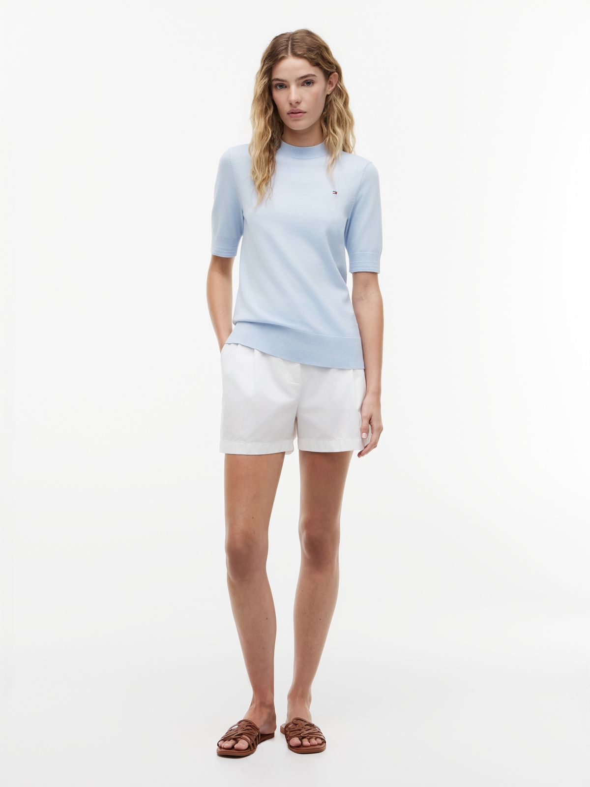 Fine Knit Jersey Short Sleeve Jumper — Blue