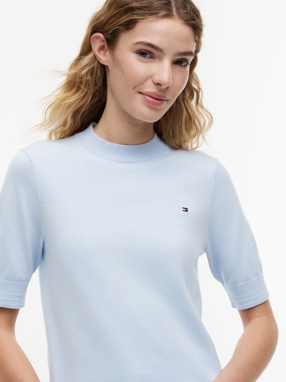 Fine Knit Jersey Short Sleeve Jumper — Blue