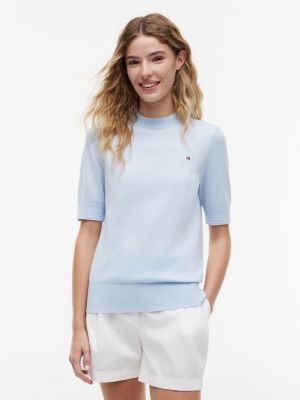 pull à manches courtes en jersey fin blue pour femmes tommy hilfiger