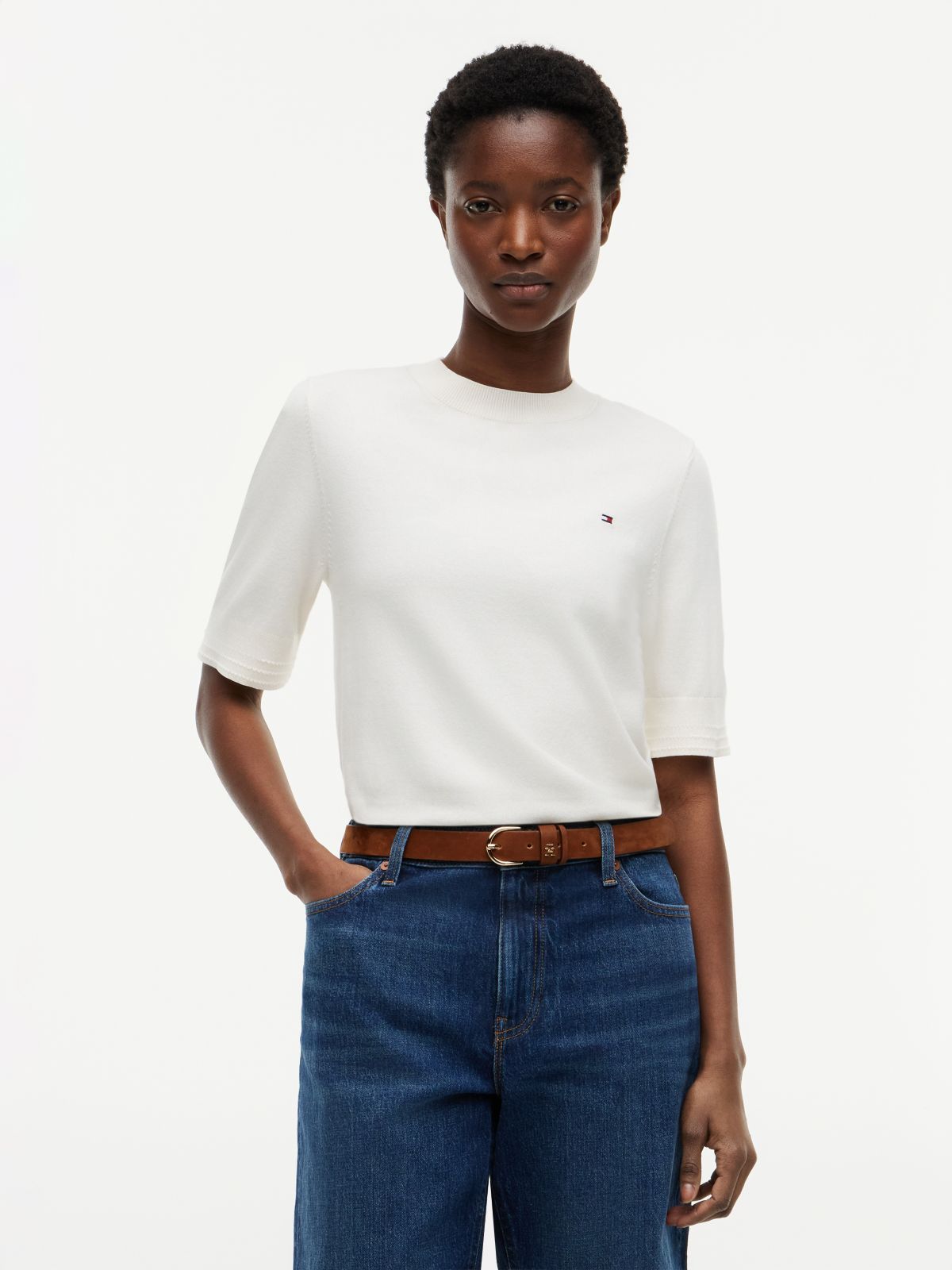 Fine Knit Jersey Short Sleeve Jumper — Yellow