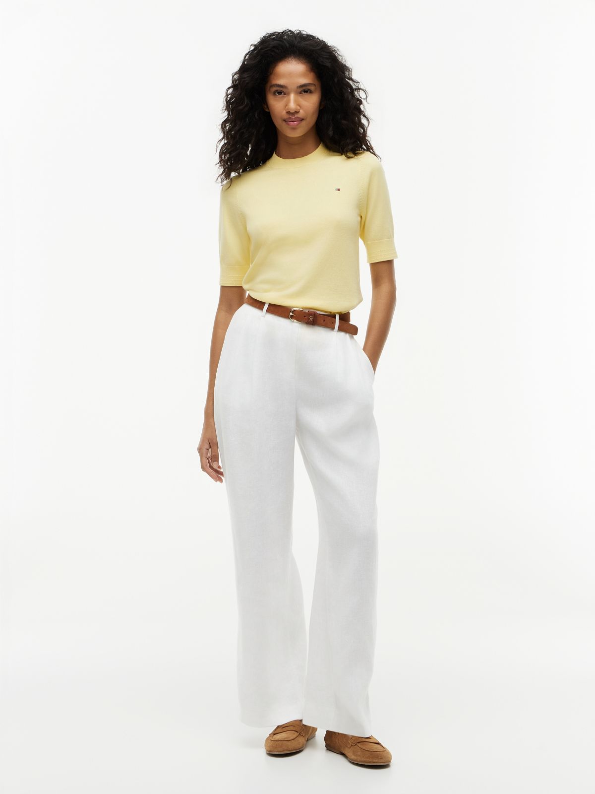 Fine Knit Jersey Short Sleeve Jumper — Yellow