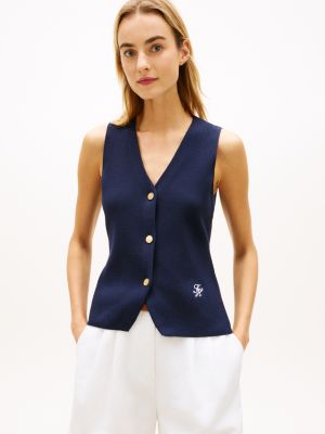 blue premium knit slim v-neck sweater vest for women tommy hilfiger