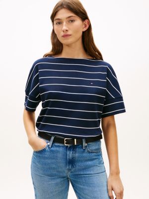 blue boat neck grown-on sleeve t-shirt for women tommy hilfiger