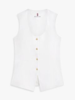 Gold-Tone Button Linen Blend Slim Waistcoat — White 5