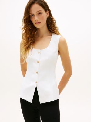 white gold-tone button linen blend slim waistcoat for women tommy hilfiger