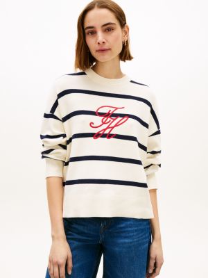 beige premium knit logo embroidery relaxed jumper for women tommy hilfiger