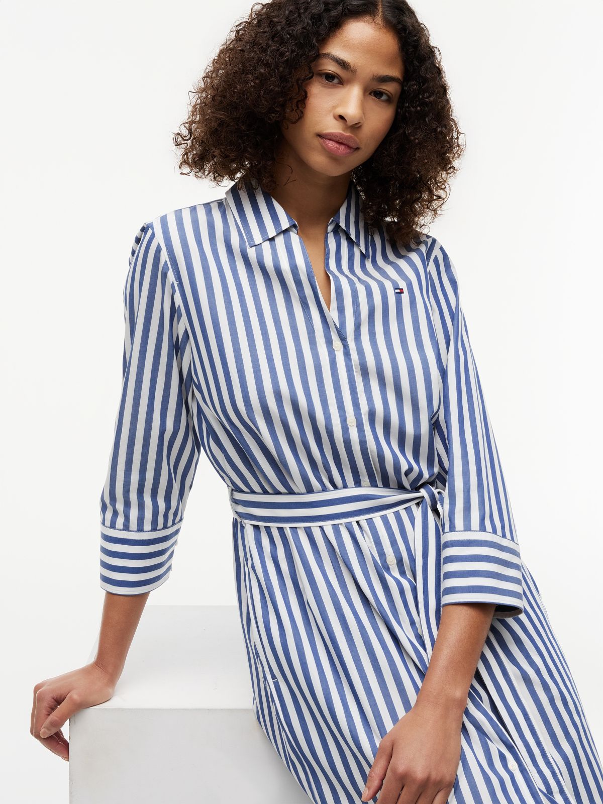 Belted Relaxed Midi Shirt Dress — White