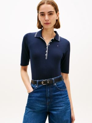 blue slim fit halbarm-poloshirt aus piqué für damen - tommy hilfiger