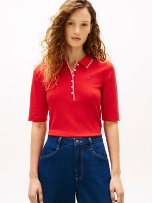 orange slim fit tipped half sleeve polo shirt for women tommy hilfiger