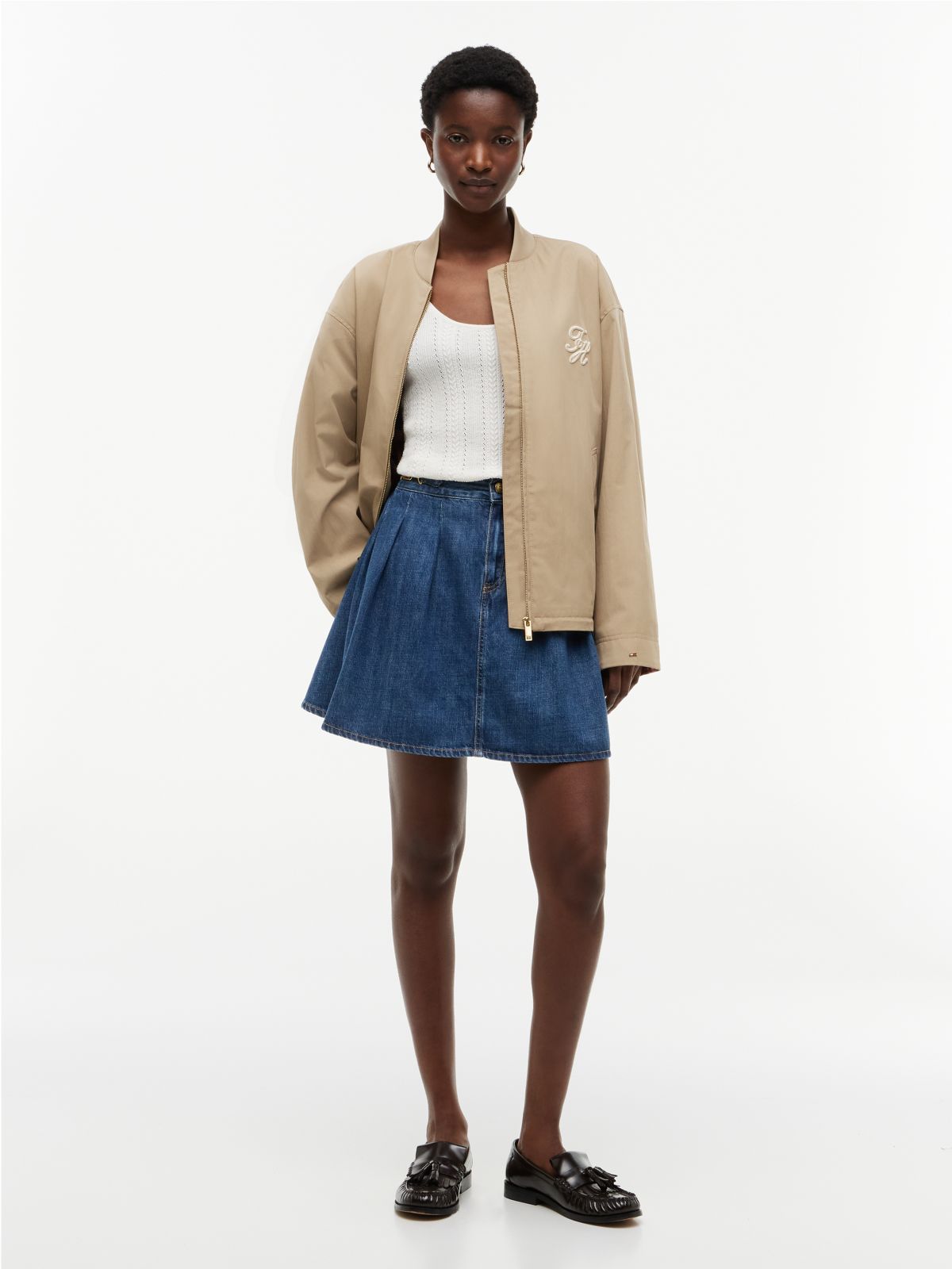 Logo Appliqué Twill Bomber Jacket — Beige