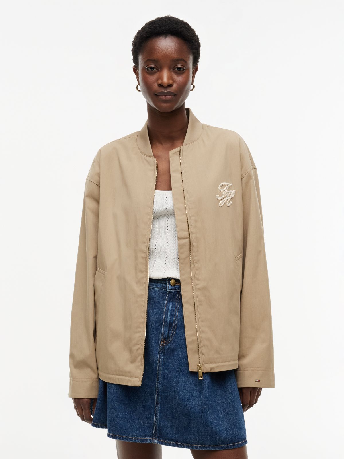Logo Appliqué Twill Bomber Jacket — Beige
