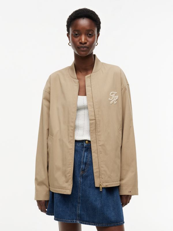 Logo Appliqué Twill Bomber Jacket — Beige