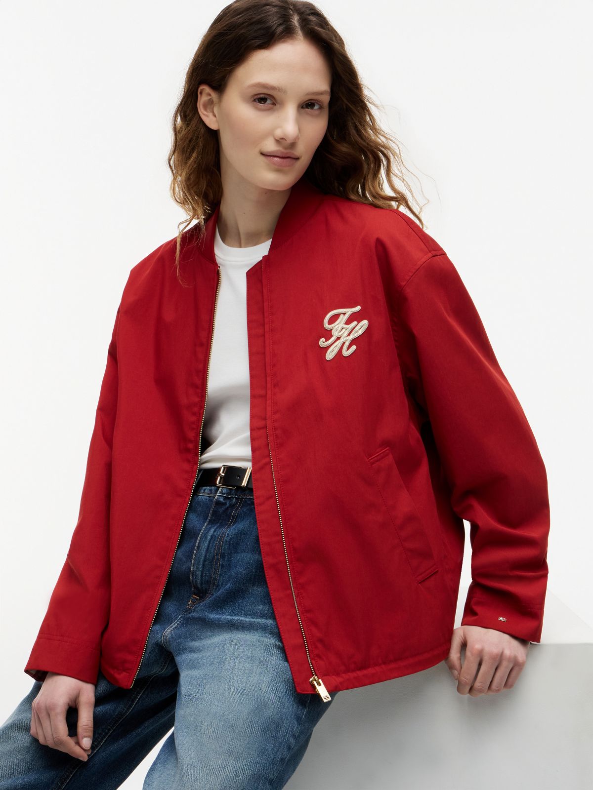 Logo Appliqué Twill Bomber Jacket — Red
