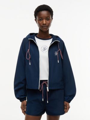 blue logo water repellent hooded windbreaker for women tommy hilfiger