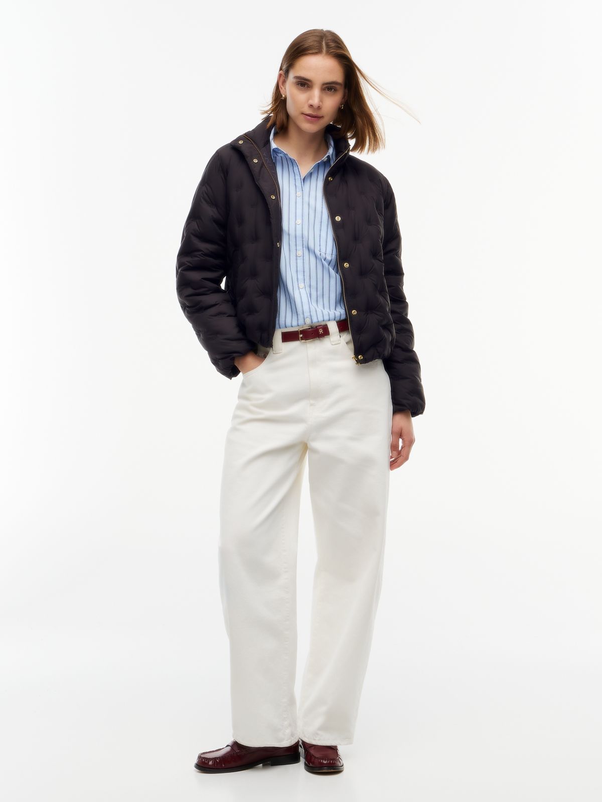 Gold-Tone Button Flag Down Quilted Jacket — Black
